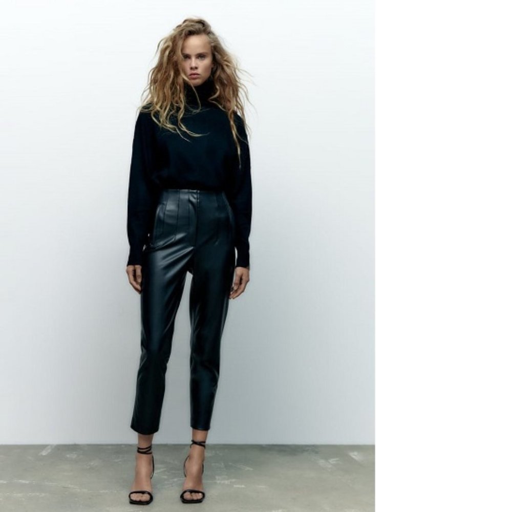 Zara black faux leather high waisted pants, S